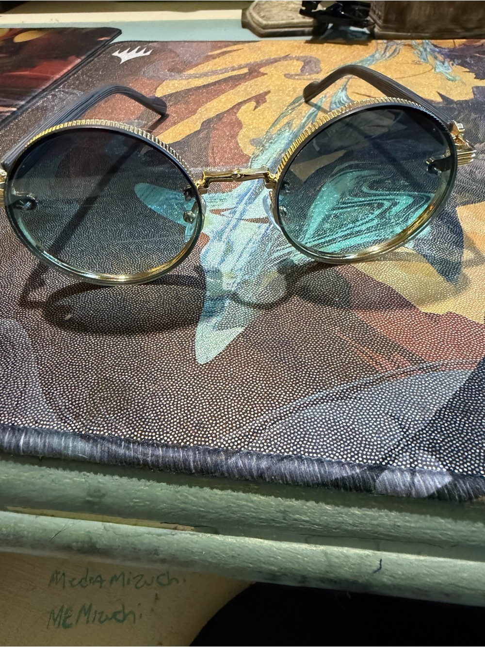 Gold Frame Round Sunglasses with Green Lenses - Men's Accessories new